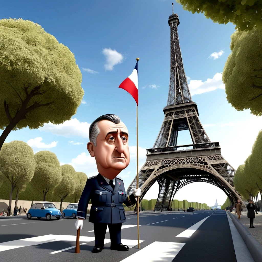 Image cartoon 3D du Générale De Gaulle qui hurle en agitant un petit drapeau français sur un estrade devant la tour eiffel. Image humoristique, cartoon 3D, image très réaliste et détaillé