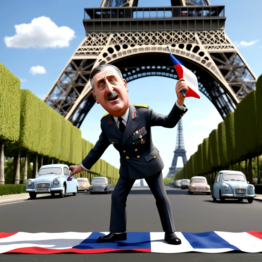 Image cartoon 3D du Générale De Gaulle qui hurle en agitant un petit drapeau français sur un estrade devant la tour eiffel. Image humoristique, cartoon 3D, image très réaliste et détaillé