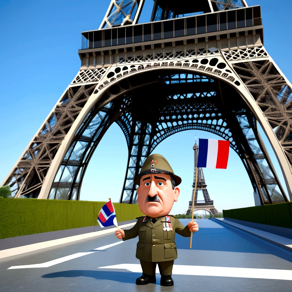 Image cartoon 3D du Générale De Gaulle qui hurle en agitant un petit drapeau français sur un estrade devant la tour eiffel. Image humoristique, cartoon 3D, image très réaliste et détaillé