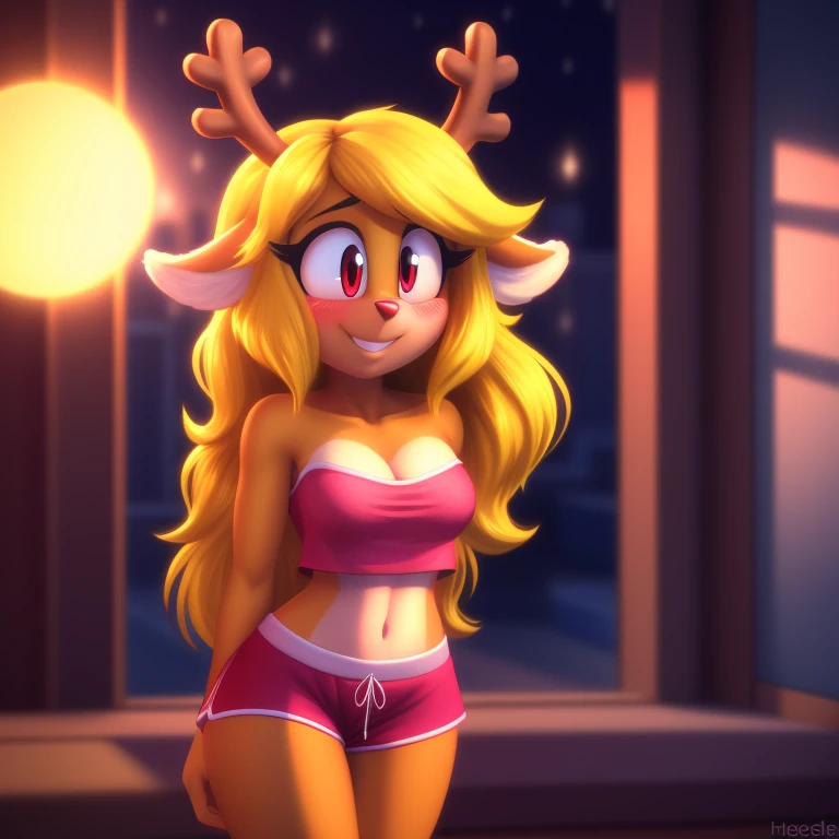 Noelle Holiday, pyjama elastic shorts, strapless crop top, , high-top sneakers, blonde hair, curly hair, halo, sunglasses, jewelry, red eyes, longeyelashes, red eyes, smile, shy, blush, high detail, masterpiece, UHD, anatomically correct, super detail, highres, 4K