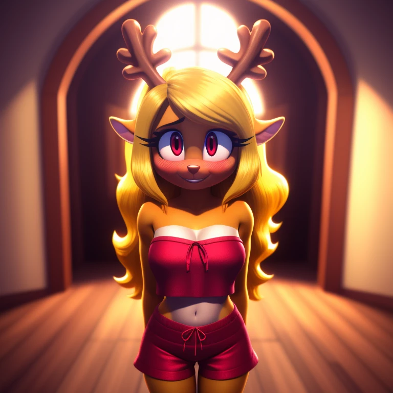 Noelle Holiday, pyjama elastic shorts, strapless crop top, cleavage, high-top sneakers, blonde hair,  curly hair, halo, sunglasses, jewelry, red eyes, longeyelashes, red eyes, smile, shy, blush, high detail, masterpiece, UHD, anatomically correct, super detail, highres, 4K