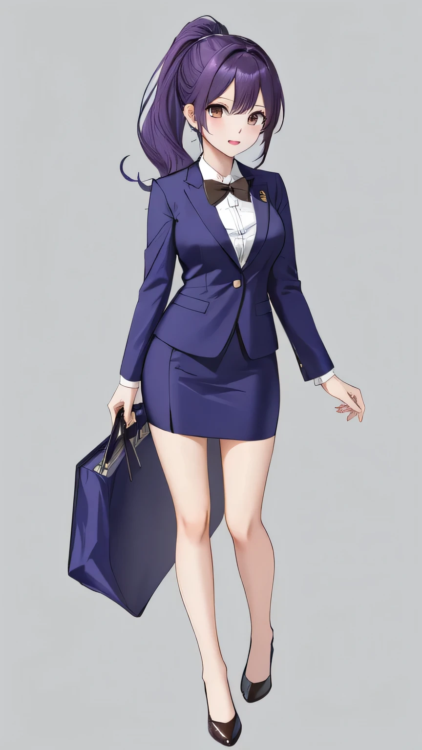 One girl、Purple Hair、ponytail、Brown eyes、suit、pumps、Are standing、whole body、Gray background、Highest quality、masterpiece