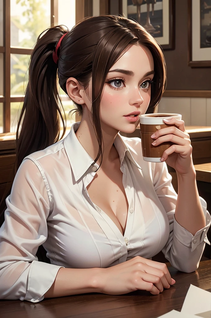 (in view) A sexy brown-haired woman who is the perfect match for a 23-year-old secretary. Straight hair, ponytail, white skin as smooth as silk. (moist) Fleshy lips, (photorealistic:photorealistic, Masterpiece 8k), Big breasted, wearing a tight white shirt. (Focus on the chest.), Sitting at a restaurant table holding a coffee cup (hyperrealistic: realistic, Environments with complex details),  With seductive features on the face: (Professional photography texture and environment, pure perfect light).