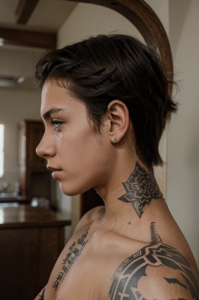 a teenager facing backwards with a tattoo on his neck that says the name Qeila