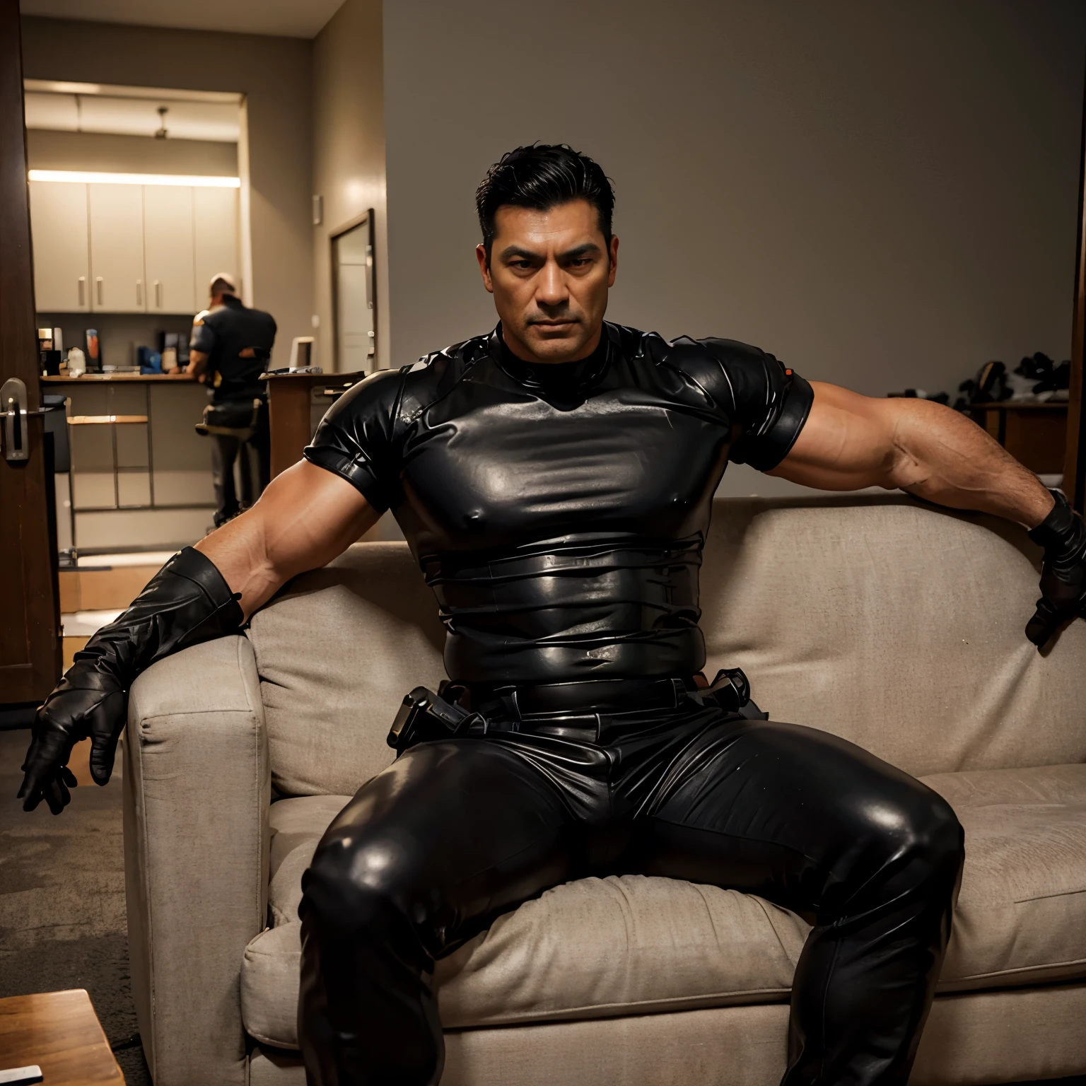 30 years, "police officer", "leather police uniform", tights leather trousers,dark,Dad sit on sofa in the office, K HD,"big muscle" ,black hair, asia face, masculine, strong man, the boss holds the whip, handsome, leather gloves, lecherous dad, look straight ahead, dad is handsome, dad is handsome, dad is "big horny daddy"