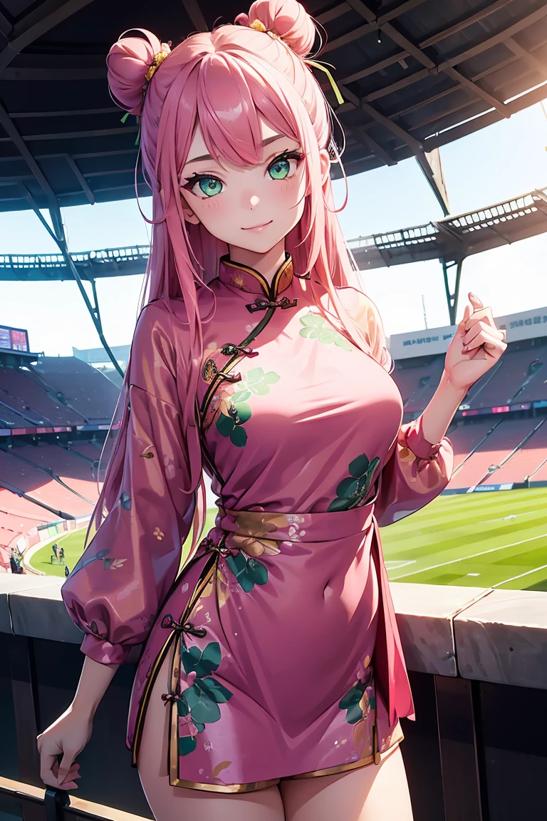 ((1 girl)), China dress, Latest Fashion Trends ,Close one eye, smile, Stadium, Shorts,((Very detailed,Highest quality, High resolution, 8k wallpaper, Beautiful clothes,)),((Pink Hair, Long Hair,Straight hair,Chinese style bun hairstyle)) ,(Green Eyes),eye shadow, eyeliner,Glow Eye, Very detailedな目, Complex eyes, Beautiful Eyes, 輝くGreen Eyes,18-year-old girl,