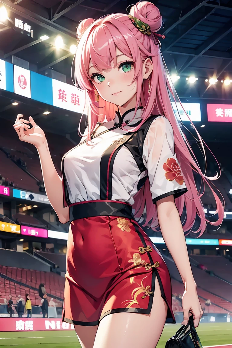 ((1 girl)), China dress, Latest Fashion Trends ,Close one eye, smile, Stadium, Shorts,((Very detailed,Highest quality, High resolution, 8k wallpaper, Beautiful clothes,)),((Pink Hair, Long Hair,Straight hair,Chinese style bun hairstyle)) ,(Green Eyes),eye shadow, eyeliner,Glow Eye, Very detailedな目, Complex eyes, Beautiful Eyes, 輝くGreen Eyes,18-year-old girl,