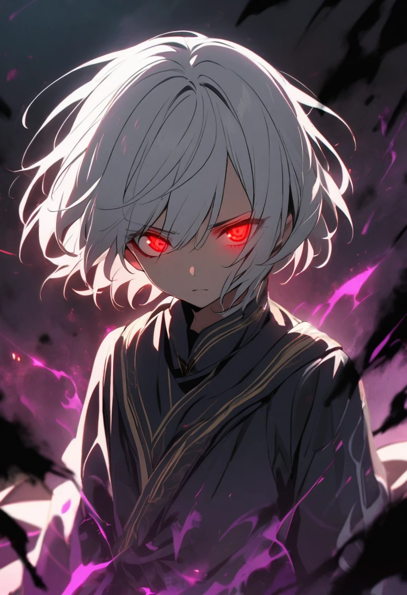 1 children, boy, red eyes, glowing eyes, white hair, dark aura, short hair