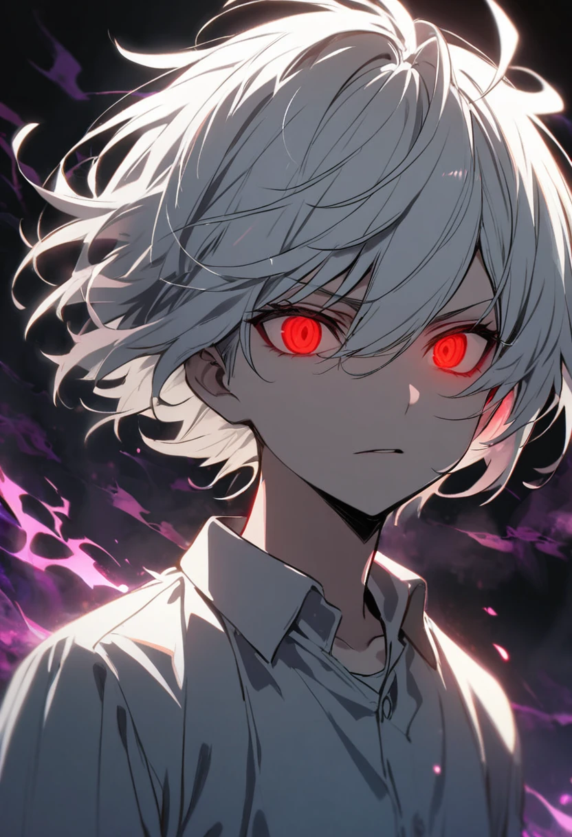 1 children, boy, red eyes, glowing eyes, white hair, dark aura, short hair