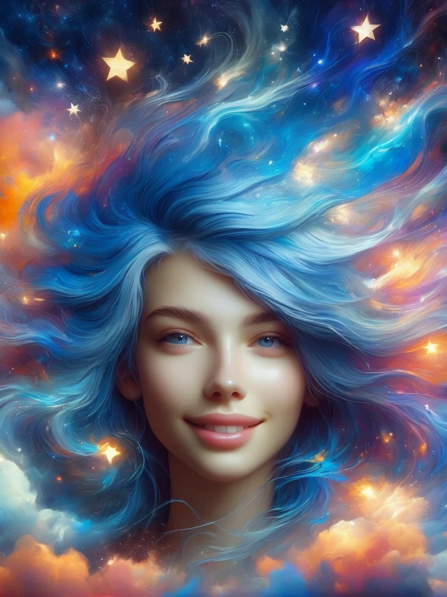masterpiece, best quality, aesthetic, fantasy, illusion, 1 girl, photo of cute girl, detailed face, relaxed smile, charming, asymmetrical hair, swaying hair, electric blue hair, glow, clouds, colorful sky, stars, broken, space style, swirl magic style, silva magic style, legendary, outstanding, exquisite, elegant, luxurious, creative, beautiful classic contemporary detailed cinematic composition, expressive dynamic dramatic atmosphere, spectacular lighting, symmetry, detailed, rich colors, ambient background, inspiring, lovely magnificent clear wonderful surreal perfect complex intricate colors, amazing epic huge momentum amazing strange fascinating massive