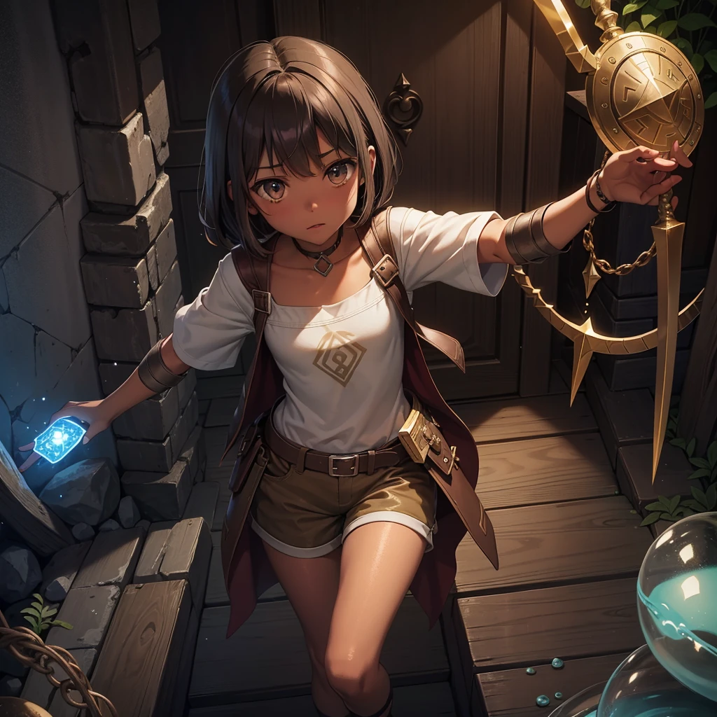最high quality、high quality、Simple Cloth Armor、10Year-old girl adventurer、Descend the maze stairs、brown shorts、Equipped with a dagger and a shield、In a dark maze、The body is being swallowed by slime