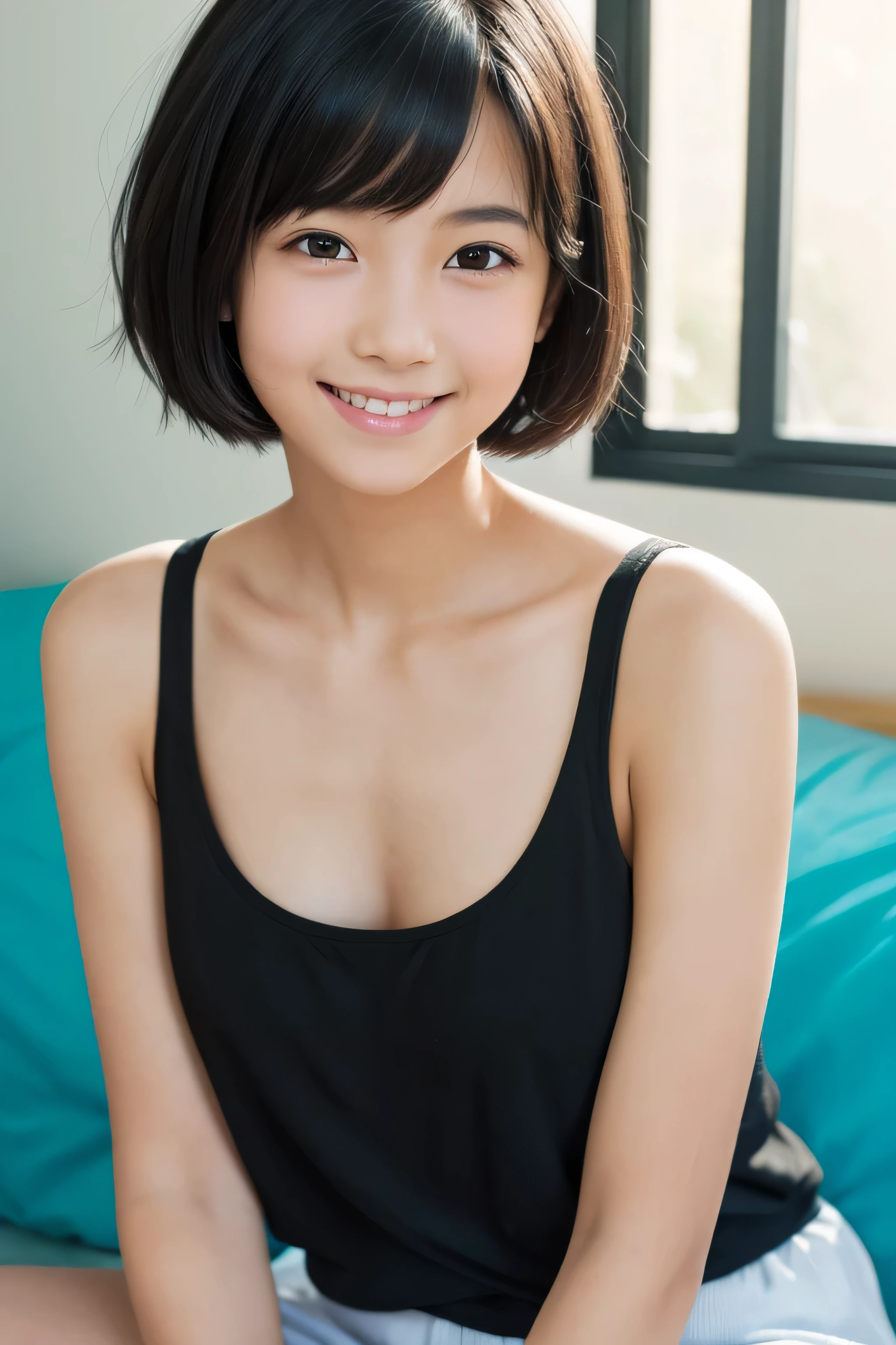 One girl, short hair,Black Hair,smile, summer, room,Sitting on the bed, 6th grade elementary school, Look here, Tank top,front,Upper body close-up,transparent, (masterpiece, Highest quality), Soft Light, Structure of the film, Cinematic