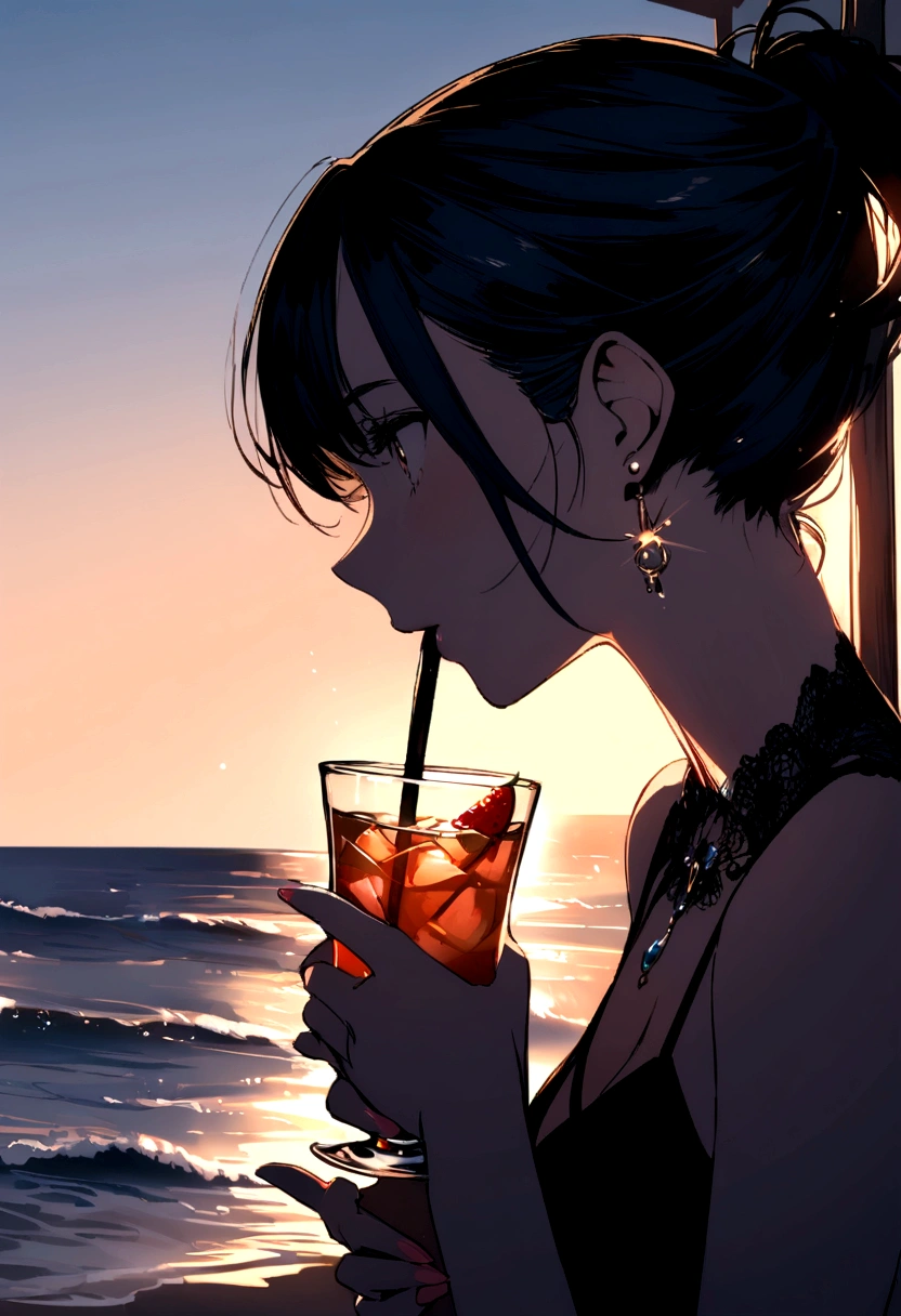 young woman drinking by the sea