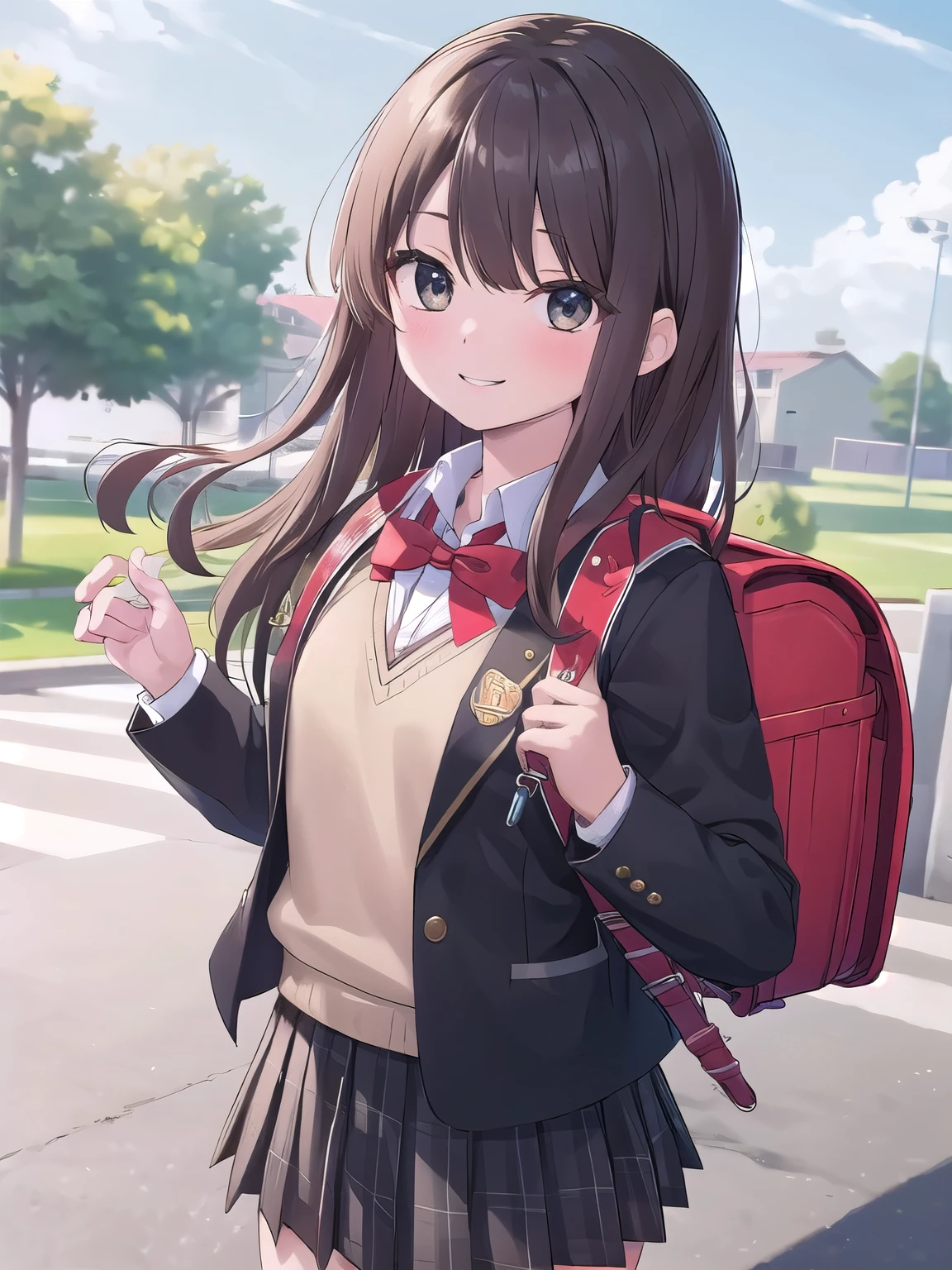 (masterpiece, best quality:1.0), highly detailed, detail, 1girl , highschool student, long hair, brown hair, UNiform, red bowtie, collared shirt, sweater vest, blazer, black blazer, opened jacket, long sleeves, plaid skirt, brown skirt, outdoor, smile standing, wearing backpack, (backpack:1.2)