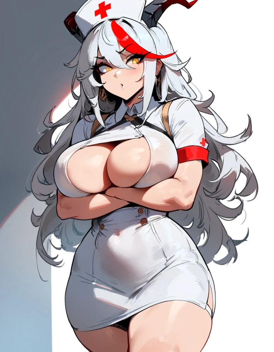 1girl, aegir \(azur lane\), azur lane \\\\\ masterpiece, best quality, very aesthetic, absurdres, newest \\\\\\ sportive body, \\\\\\ by nyantcha,,by cutesexyrobutts,by khyle ///// white hair with a single prominent red streak, black horns, yellow eyes, , white (nurse outfit:1.2), skirt, , white pencil skirt, nurse cap, , , a red cross on the cap, standing, (white background:1.2), hands crossed under breasts, rating general