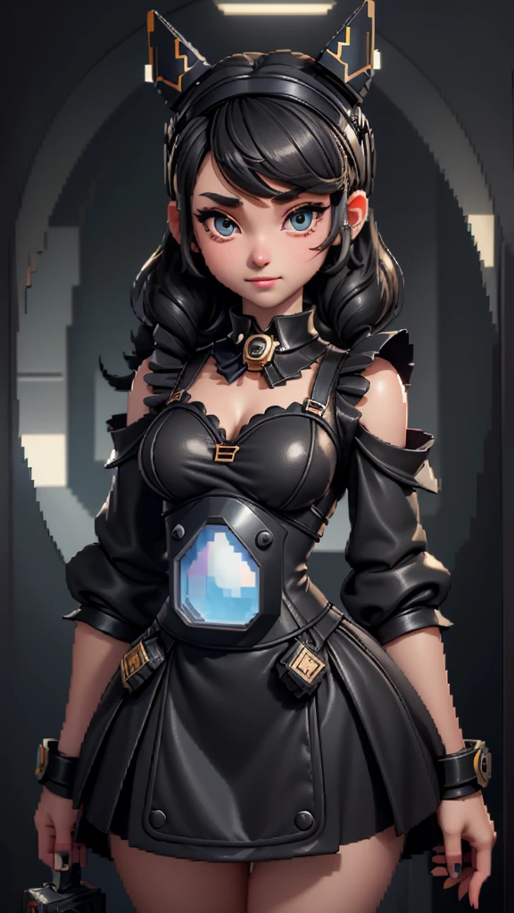 cute girl, black and gray Siphonaptera type chibi, bright eyes with cute anime style expressions, eager to explore the world, a magnifying glass in her hand ("MSX" written on the head), retro style clothing with pixel art motifs , happy, playful, in a library, writing