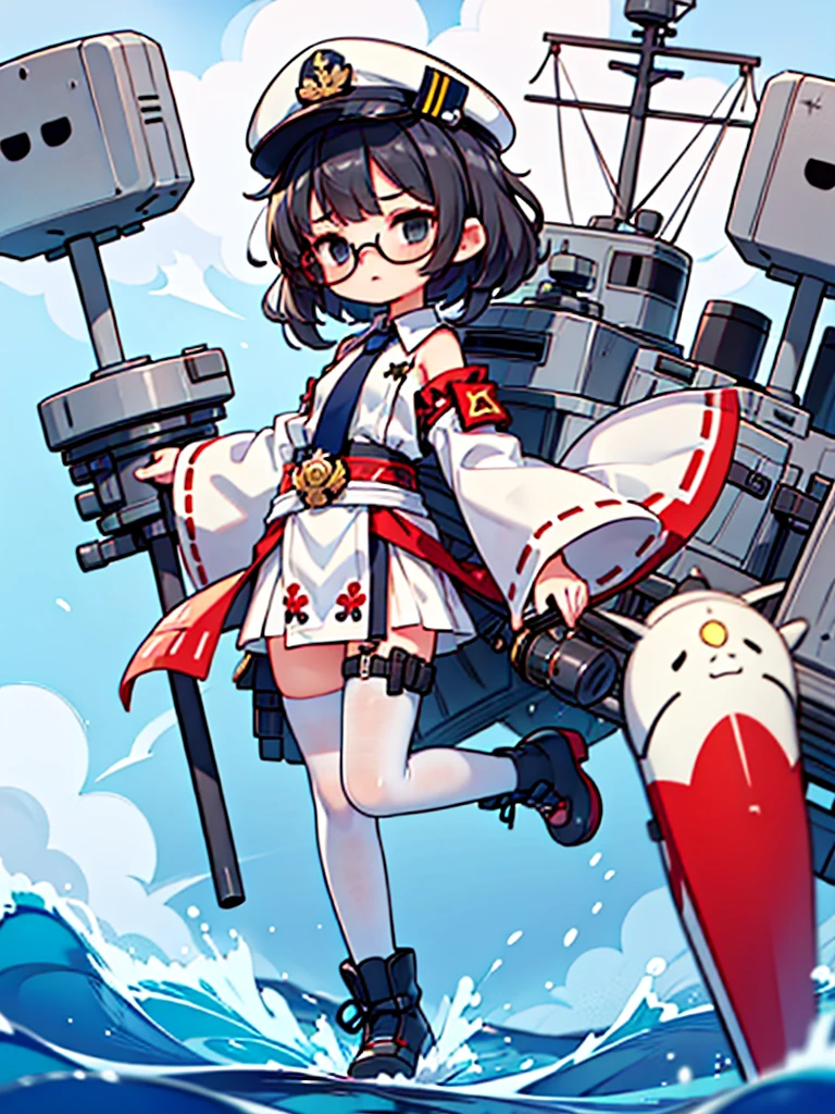 ((((Full body of a woman with perfect flat chest、solo、Short unkempt black hair、Tie up your messy hair at the nape of your neck、white military jacket、Miko costume、tights、Black glasses、White military cap、Cloudy black eyes、Sleepy expression)))), (((masterpiece))), (((Shipgirl))), ((Floating on the morning sea with both feet)), (Spread your legs wide open), (Hold the turret with your right hand), (Mechanical arms extending from the waist are used to equip the ship with battleship equipment.), (Equipped with a turret on the back), (Holds the turret with his left arm), Shotgun shells are attached to the thigh with a belt, Spreading the Machine's Wings, Machine tail, shotgun,