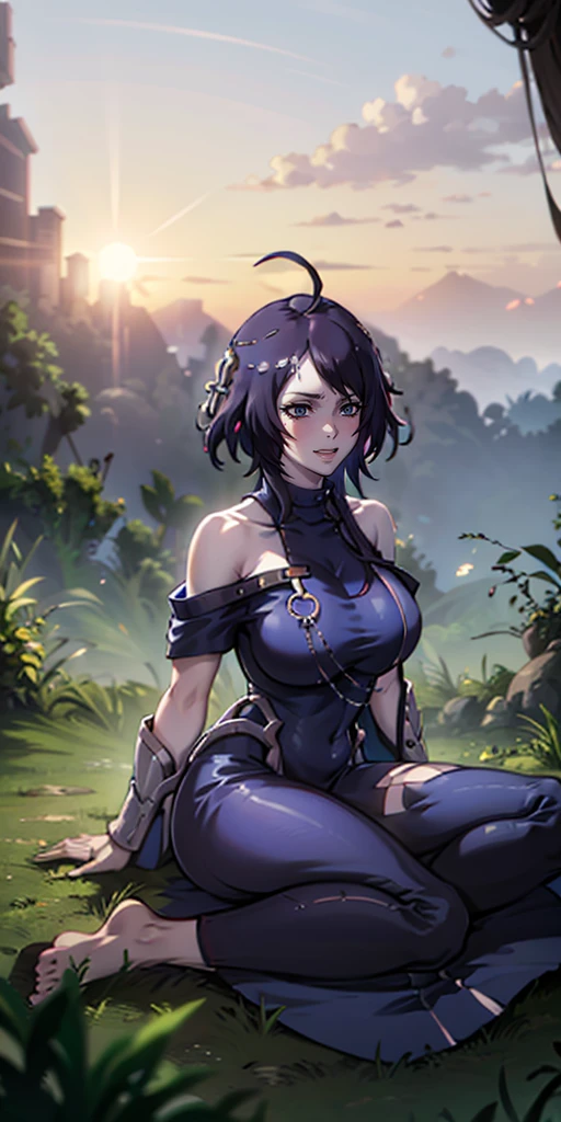 MC, ahoge, (long hari, purple hair:1.3), hair ornament, dark-blue eyes, breasts, epic art, fantasy, 1girl, grass, solo, barefoot, sitting, breasts, mountain, sunset, dress, bare_shoulders, outdoors, looking_at_viewer, off_shoulder, field, sky, lake, collarbone, mountainous_horizon, indian_style, twilight, tree, black_dress, large_breasts, scenery, medium_breasts, feet, off-shoulder_dress, (bokeh:1.3), rock, hollow eyes, bright pupils, dark-blue eyes, looking at viewer. (glowing eyes:1.3), heavy breathing, smirk, upper teeth, steaming
blush face