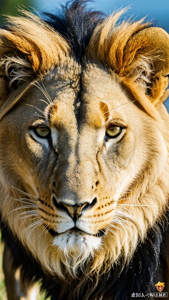 The face of an adult lion animal , serious, with a small scar on his nose with his hair,looking directly into the camera defiantly. High definition image, 4k, from the front looking at the camera
