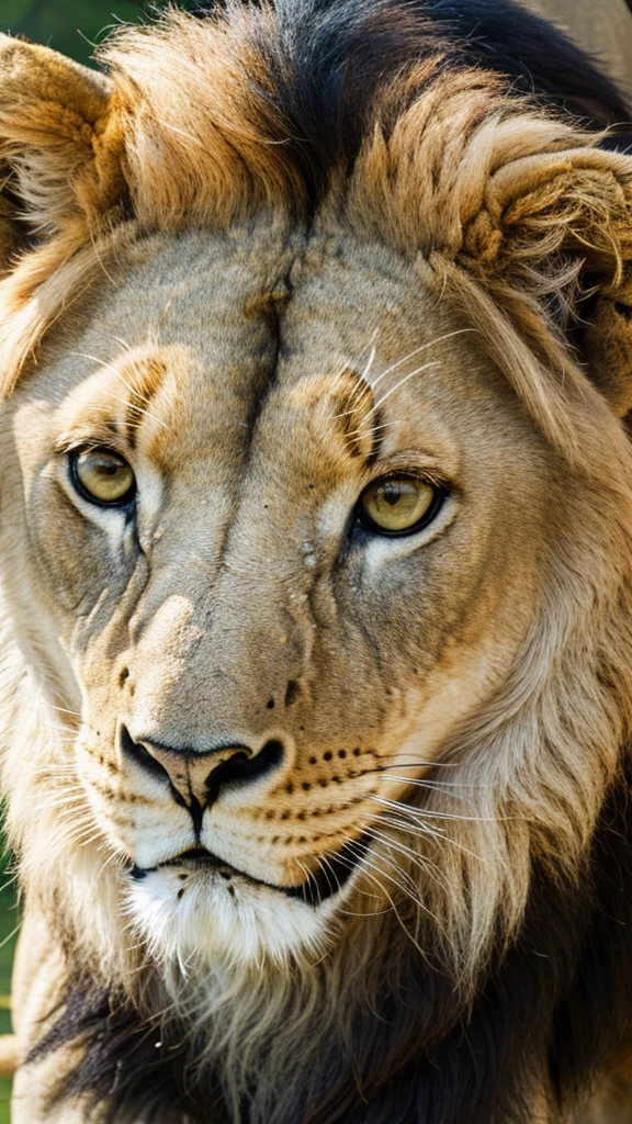 The face of an adult lion animal , serious, with a small scar on his nose with his hair,looking directly into the camera defiantly. High definition image, 4k, from the front looking at the camera 