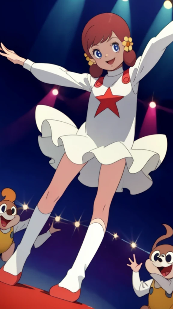 masterpiece, best quality, solo, 1girl,
chappy,Laughing with mouth open、
Dance on live stage、In the spotlight、Raise your legs、A dynamic figure、パンティが見える、