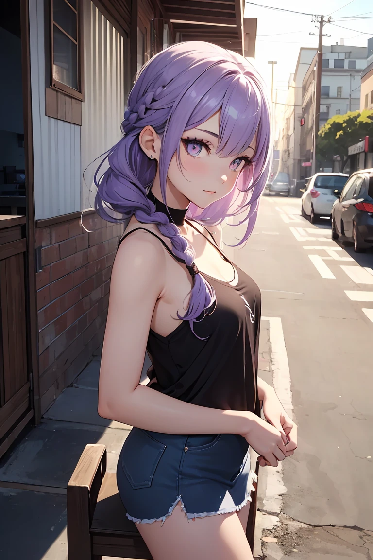 ((1 Girl)), (Low Angle), (camp site), fun, Latest Trends in Clothing, Sit on a chair, Neon Color Fashion, Put your hands in your pockets, Street fashion,camisole , mini skirt, Cowboy Shot,((Very detailed,Highest quality, High resolution, 8k wallpaper, Beautiful clothes,)),((Light purple hair, Shortcuts,Braided hair)) , or face, Upward glance, eye shadow, eyeliner,Glowing Eyes, Very detailedな目, Clear Eyes, Beautiful Eyes, 18-year-old girl.