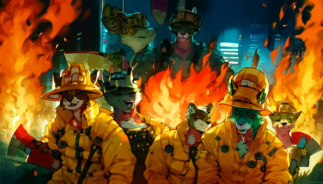 score_9, score_8_up, score_7_up, (cyberpunk city, wildfire, emergency, fire on background:1.5),
((furry:1.2), anthro, horns, crowd, group, gang, 2others, (female, male), (portrait), (holding axe), ((wearing firefighter uniform), (wearing helmet)), ((bull fur)), muscular, beautiful, (have cyberpunk-style additions)
