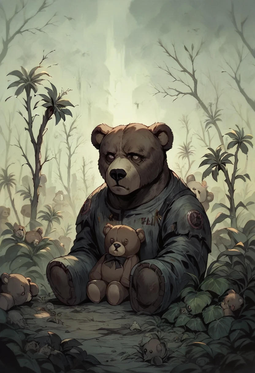 Girl, Teddy bear, nuclear wasteland, Plants reclaim territory, Havoc, eerie atmosphere, (dark and moody:1.4), (Loneliness:1.Eastern apocalyptic:1.2).
