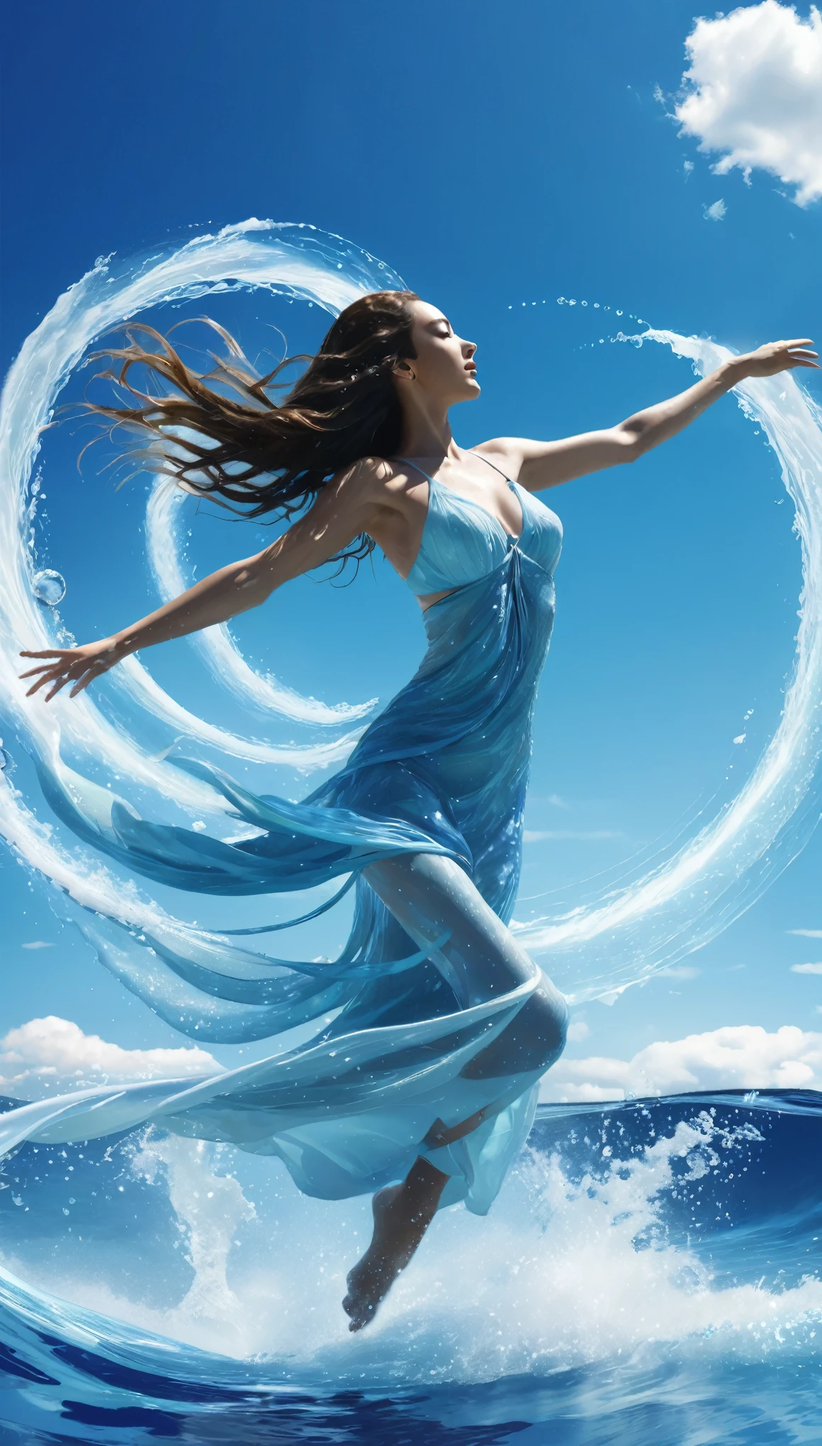 score_9, score_8_up, (solo) pool of water, water rings, (one dancing woman silhouette floating far in the waves with both her arm raised:1.3), absurdly long hair flowing along the waves, engulfed by water, blue sky, white clouds in circles, (dynamic pose) abstract, (blue shades), (azure tones), easynegative, water particles, particles