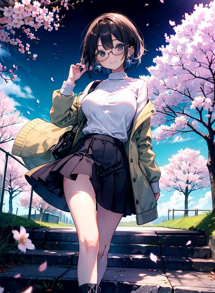 hanayo koizumi, hanayo　Koizumi, short hair, Brown Hair, Purple eyes,Big Breasts,Black-rimmed glasses,sweater,Long skirt,Mini Boots,Cherry blossoms are blooming,Cherry blossoms are scattered,Cherry blossom tree-lined path,happy smile, smile, Open your mouth,whole bodyがイラストの中に入っていくように,smile,blush,Walking,
break looking at viewer, whole body,
break outdoors,Building district,
break (masterpiece:1.2), Highest quality, High resolution, unity 8k wallpaper, (shape:0.8), (Fine and beautiful eyes:1.6), Highly detailed face, Perfect lighting, Highly detailed CG, (Perfect hands, Perfect Anatomy),