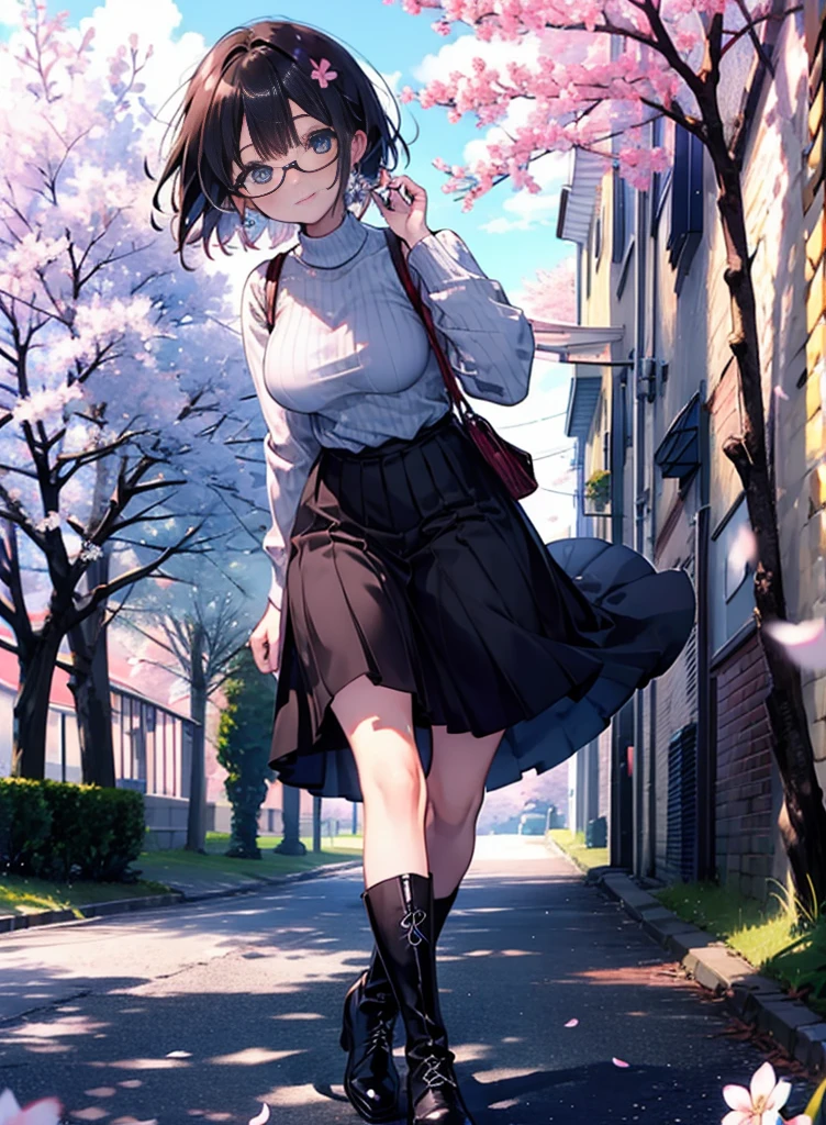 hanayo koizumi, hanayo　Koizumi, short hair, Brown Hair, Purple eyes,Big Breasts,Black-rimmed glasses,sweater,Long skirt,Mini Boots,Cherry blossoms are blooming,Cherry blossoms are scattered,Cherry blossom tree-lined path,happy smile, smile, Open your mouth,whole bodyがイラストの中に入っていくように,smile,blush,Walking,
break looking at viewer, whole body,
break outdoors,Building district,
break (masterpiece:1.2), Highest quality, High resolution, unity 8k wallpaper, (shape:0.8), (Fine and beautiful eyes:1.6), Highly detailed face, Perfect lighting, Highly detailed CG, (Perfect hands, Perfect Anatomy),