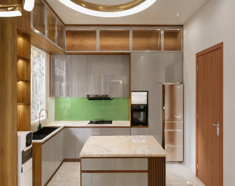 Raw photo,Masterpiece, high quality, best quality, authentic, super detail, interior, indoors, kitchen room style modern, minimalist line, daylight, aiaigroup