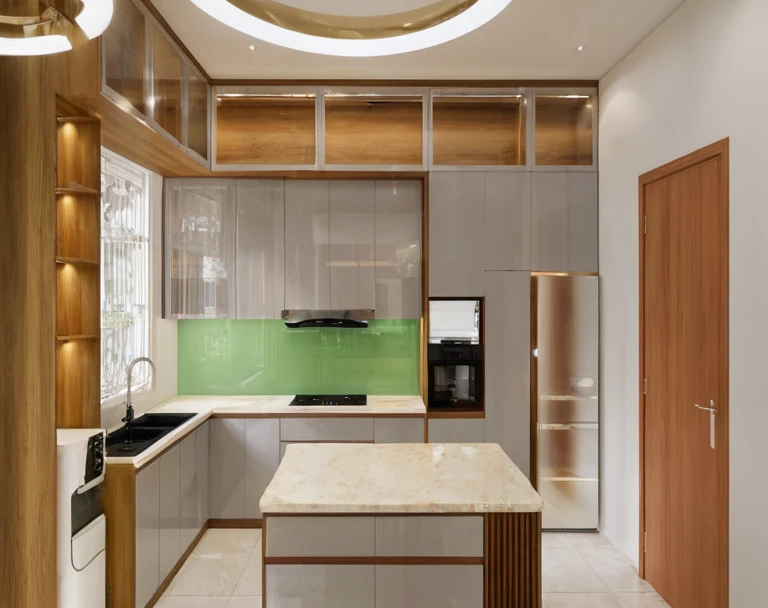 Raw photo,Masterpiece, high quality, best quality, authentic, super detail, interior, indoors, kitchen room style modern, minimalist line, daylight, aiaigroup