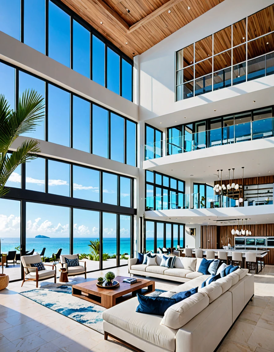 A modern and airy beachfront home with a luxurious interior. The living room features floor-to-ceiling windows showcasing panoramic ocean views, a plush seating area around a built-in jacuzzi, and a sophisticated kitchen on a mezzanine level. The space is decorated with numerous potted plants, enhancing the natural and fresh ambiance. Sunlight streams through the windows, creating a bright and welcoming environment that seamlessly integrates indoor comfort with the beauty of the seaside location
