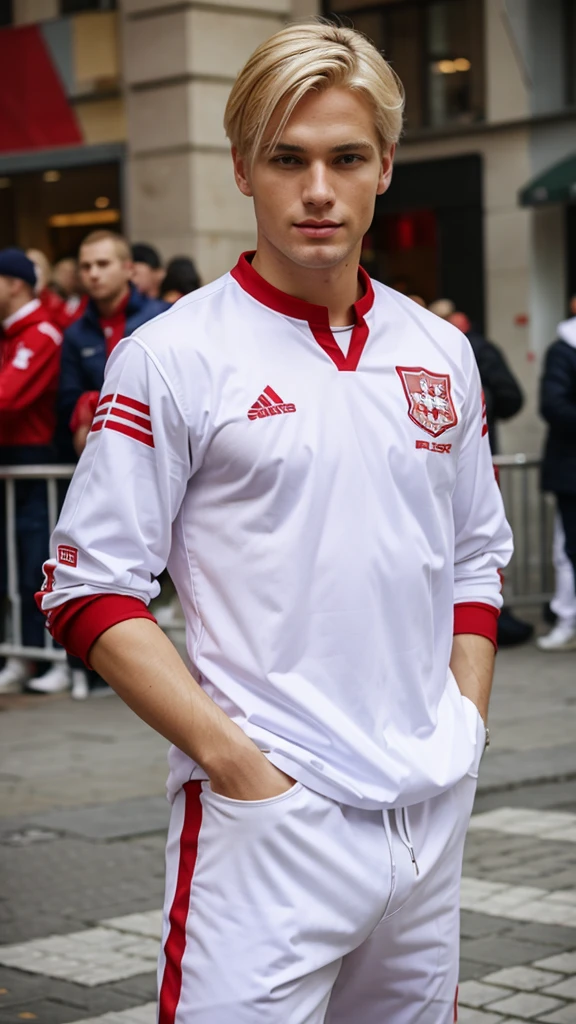 a blond man in white and red Poland fans' clothes,