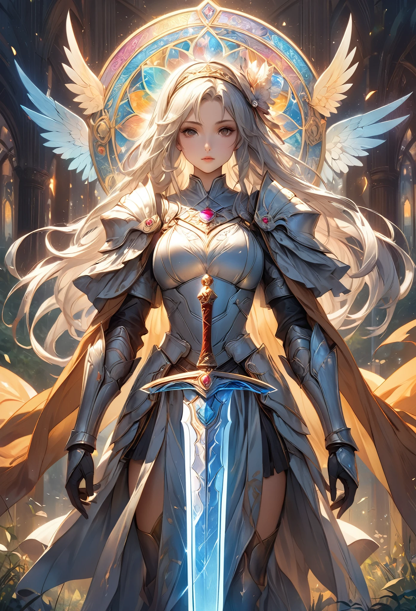 8K resolution, masterpiece, Highest quality, Award-winning works, unrealistic, sole sexy lady, healthy shaped body, 25 years old, white wavy long hair, hair band, big firm bouncing bust, ancient roman military commander's armor, Pure white armor with a complex structure, royal coat of arms, excalibur, elegant, Very detailed, Digital Painting, artステーション, コンセプトart, Smooth, Sharp focus, shape, artジャム、Greg Rutkowski、Alphonse Mucha、William Adolphe Bouguereau、art：Stephanie Law , Magnificent royal background, Royal Jewel, nature, Full Shot, Symmetric, Greg Rutkowski, Charlie Bowwater, beep, Unreal 5, Surreal, Dynamic Lighting, ファンタジーart, Complex colors, Colorful magic circle, flash,  dynamic sexy poses