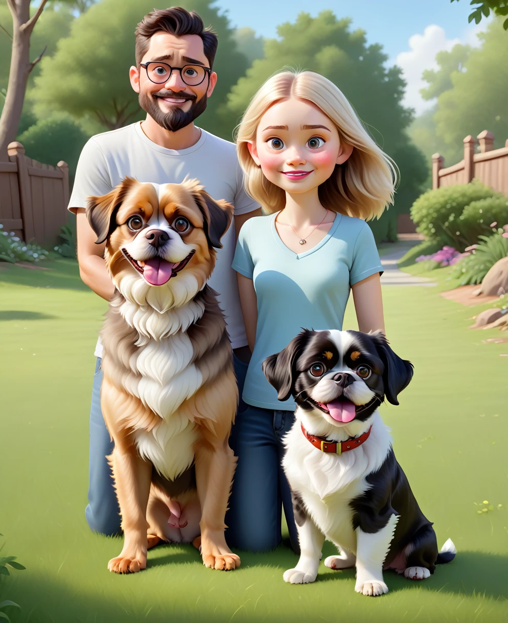 Create a Pixar-style image, realistic and Disney-inspired, depicting a 32-year-old white-skinned man, short black hair, clean and small beard, not smart either, slightly muscular. Beside him, a 27 year old blonde woman with long hair, wearing glasses, with completely tattooed arms. Both are accompanied by two Shih Tzu dogs; one with brown fur and the other with white fur and caramelized parts, both approximately 1 . Everyone is together, in a welcoming and cheerful setting