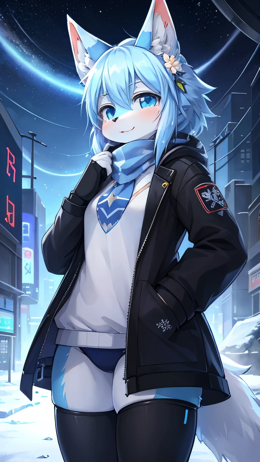 (best quality),furry,(kemono), anime,kitsune,(cute),female, full body,blue eyes,(cyberpunk clothes),(winter coat), blouse,underwear,striped_scarf,blue fur,white fur,(posing),(flower),in winter,night,star_trail,beautiful detailed glow,(detailed ice:1.4),(detailed snow:1.2),(sci-fi city),(safe),uploaded on e621,