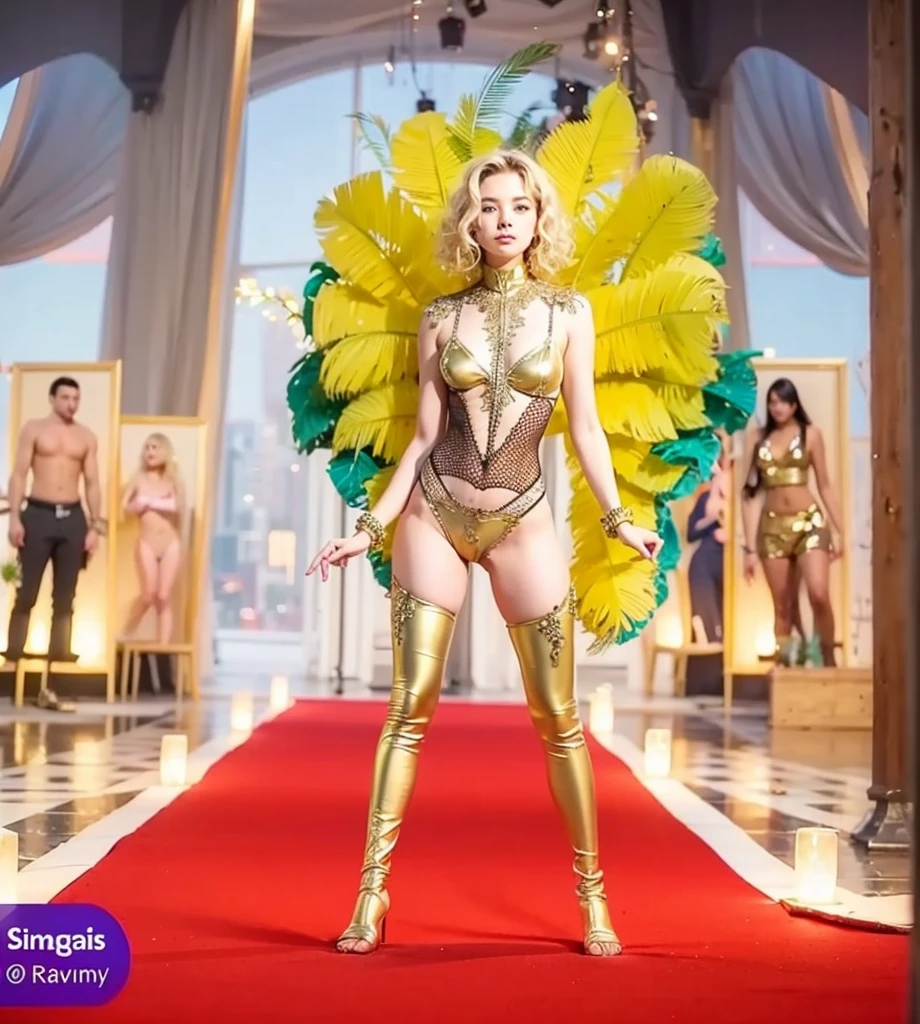 Cute 18 year old girl, beautiful wide eyes, beautiful straight and smooth feather, Nothing Photos Frame, Carnival Bikini Woman suit, short curly hair, blonde hair, beautiful face, rain, roof, masterpiece, exquisite details, perfect anatomy, fighting stance Realistic