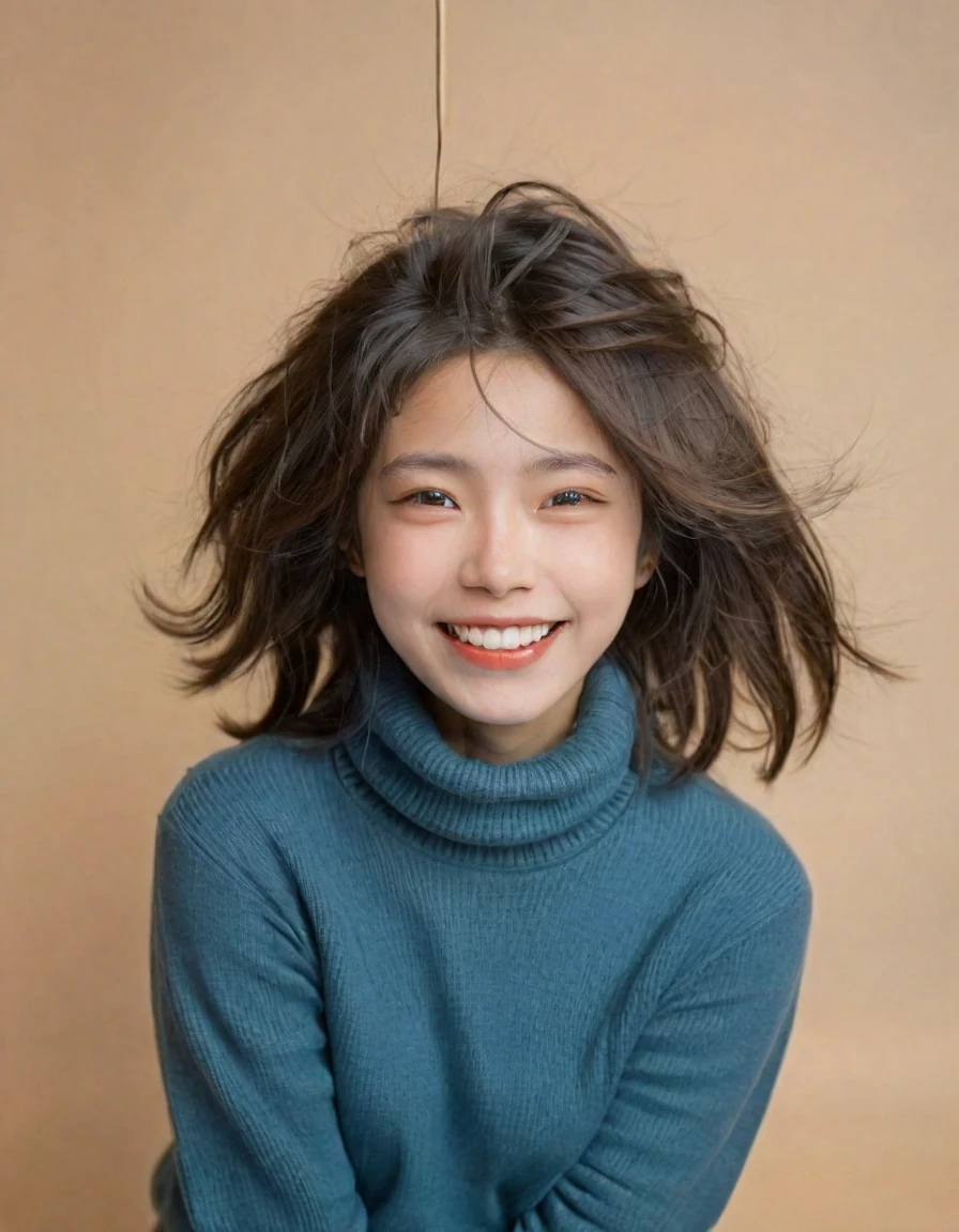 The image depicts a joyful young girl in mid-motion, her hair wildly tousled by her movements. Her eyes are squinted in a gleeful expression, exuding energy and vitality. She is wearing a solid-colored turtleneck, set against a neutral, warm brown backdrop. Dynamic lighting accentuates her facial features, with a sharp focus on the subject and a freeze-frame effect that captures the spontaneity and vibrancy of youth. Soft shadows add depth to the scene, and the expertly balanced contrast highlights the details. This image embodies youthful carefreeness and delight.