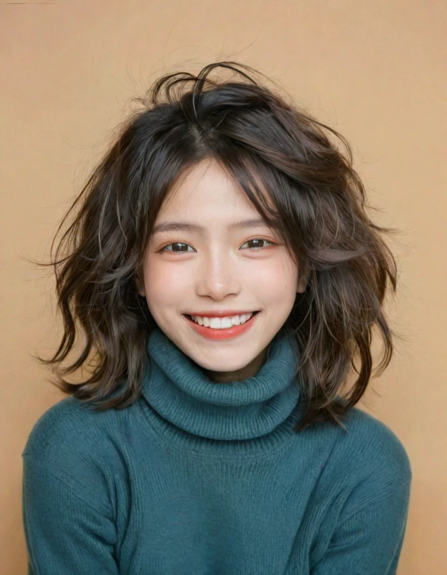 The image depicts a joyful young girl in mid-motion, her hair wildly tousled by her movements. Her eyes are squinted in a gleeful expression, exuding energy and vitality. She is wearing a solid-colored turtleneck, set against a neutral, warm brown backdrop. Dynamic lighting accentuates her facial features, with a sharp focus on the subject and a freeze-frame effect that captures the spontaneity and vibrancy of youth. Soft shadows add depth to the scene, and the expertly balanced contrast highlights the details. This image embodies youthful carefreeness and delight.