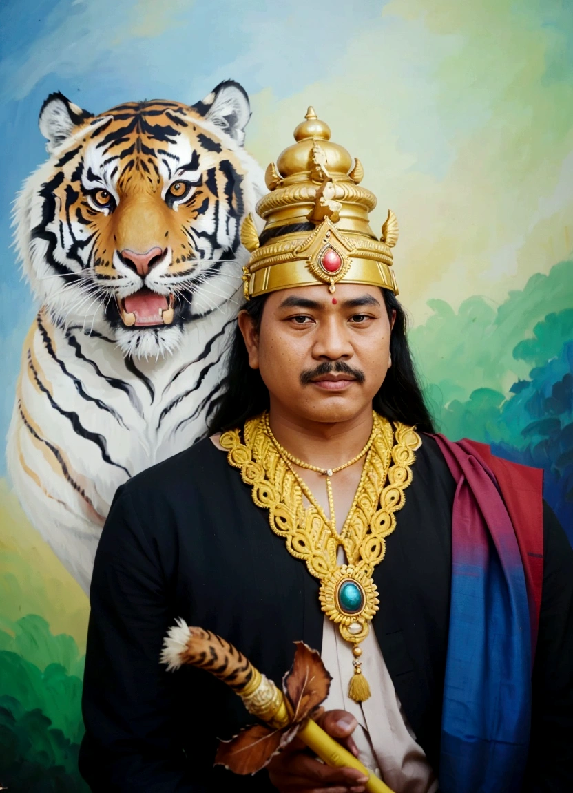 painting of a man with a tiger on his shoulder, by I Ketut Soki, inspired by Kailash Chandra Meher, raden saleh, inspired by I Ketut Sok, inspired by Bholekar Srihari, javanese mythology, inspired by Bikash Bhattacharjee, by Sava Šumanović, photography, hyper realistick