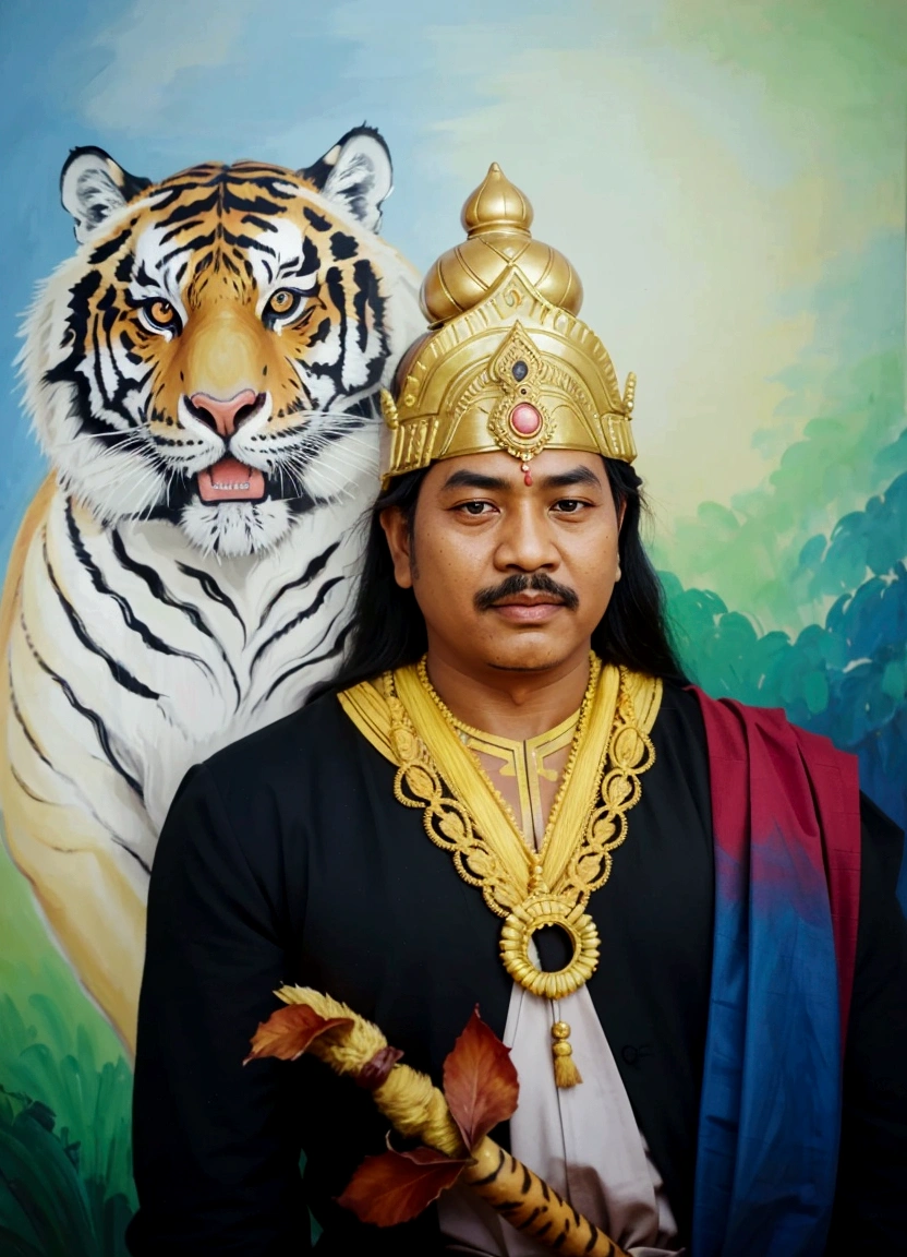 painting of a man with a tiger on his shoulder, by I Ketut Soki, inspired by Kailash Chandra Meher, raden saleh, inspired by I Ketut Sok, inspired by Bholekar Srihari, javanese mythology, inspired by Bikash Bhattacharjee, by Sava Šumanović, photography, hyper realistick
