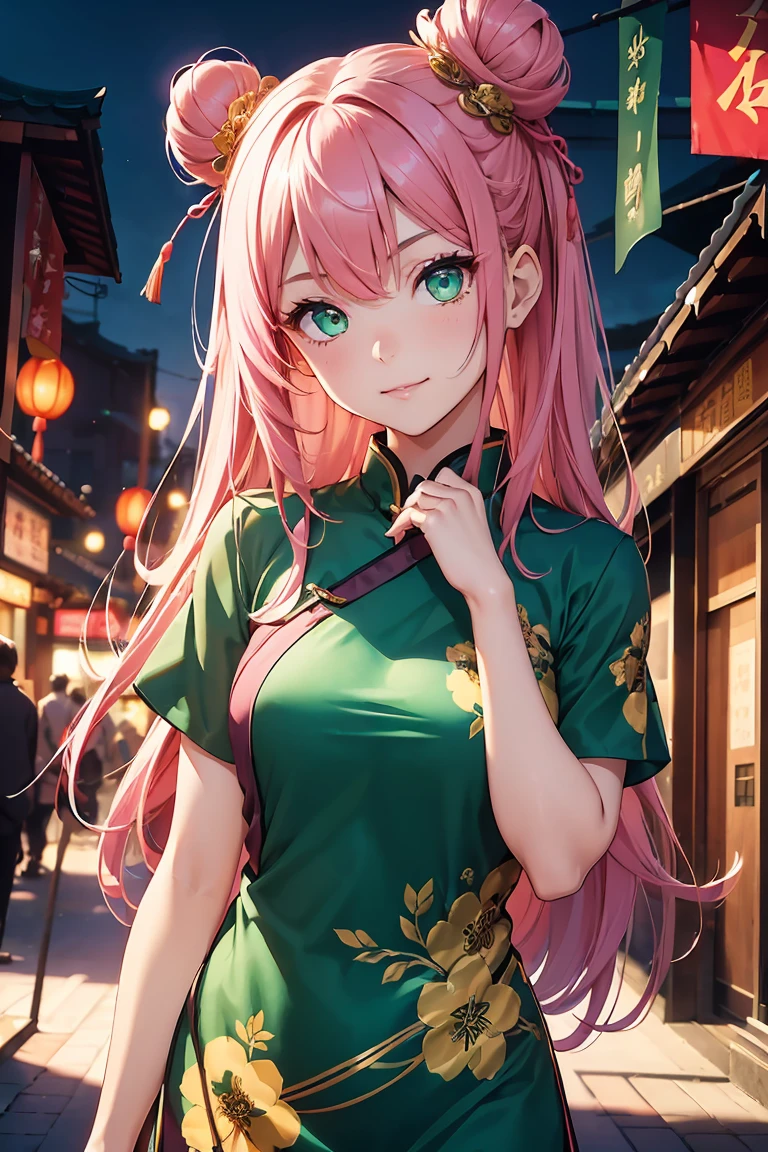 ((1 girl)), China dress, Latest Fashion Trends ,Close one eye, smile, Chinatown, Shorts,((Very detailed,Highest quality, High resolution, 8k wallpaper, Beautiful clothes,)),((Pink Hair, Long Hair,Straight hair,Chinese style bun hairstyle)) ,(Green Eyes),eye shadow, eyeliner,Glow Eye, Very detailedな目, Complex eyes, Beautiful Eyes, 輝くGreen Eyes,18-year-old girl,