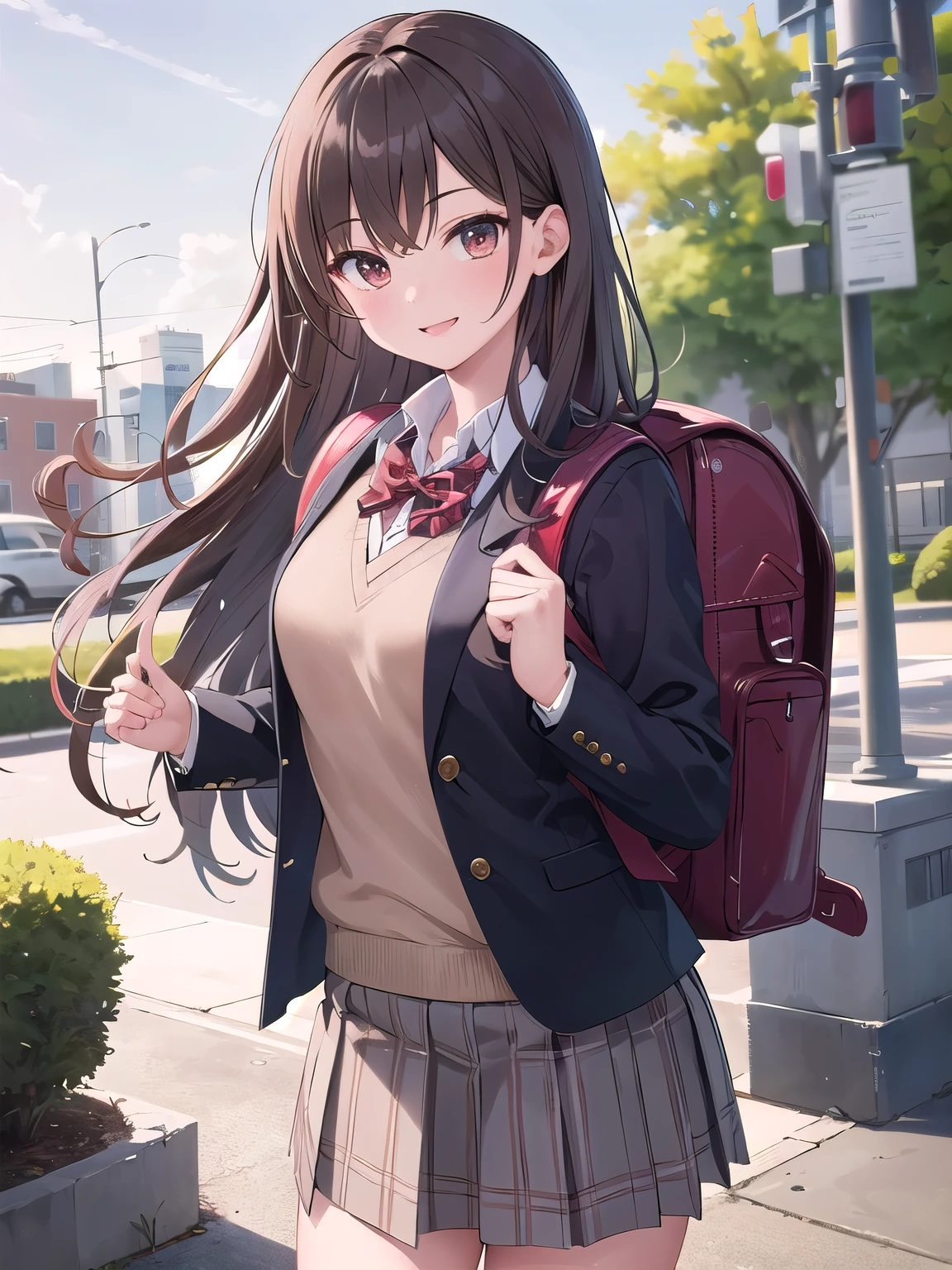 (masterpiece, best quality:1.0), highly detailed,  detail,  1girl , highschool student, long hair, brown hair, UNiform, red bowtie, collared shirt, sweater vest, blazer, black blazer, opened jacket, long sleeves, plaid skirt, brown skirt, outdoor, smile  standing, wearing backpack, (backpack:1.2)