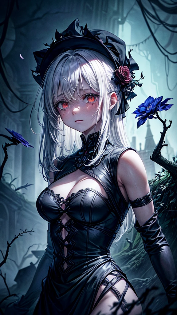 (best quality,high resolution,Super detailed,lifelike:1.2),dark abyss background,underground world,sinister,girl in rags,crying emoticon,shed tears,white hair,face close-up,Extremely pale skin,lifeless skin,holding bright red flowers,apocalyptic,ruined medieval town,building collapse,Cracked surface,ominous clouds,blood moon,The ground cracks,dead tree,Overgrown vines,Behind me are huge blue glowing vines,Spooky shadows,eerie silence,The wind howling in the distance,ominous atmosphere,deserted street,falling petals,unforgettably beautiful,Loneliness is in the air,Lost souls wander,Weaving a web of despair,Darkness prevails,Embrace the unknown. Holding flowers, big breasted.