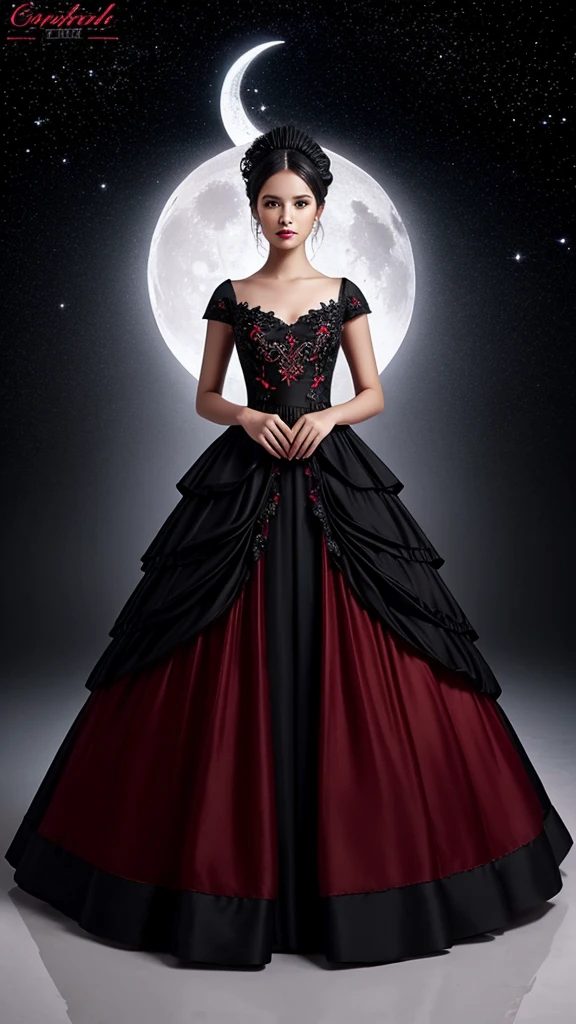 pouf dress, Black and white wedding fashion dress design &quot;Haute Couture&quot; fairy charming fancy fantastic theme black embroidery with some ruby red details embroidery folds, Red and Black, level。Layer, Layer, Layer、evil、Star、Moon、Fog and wind dark pattern, Surrealism, Conceptual art, Futurism, Hyperrealism