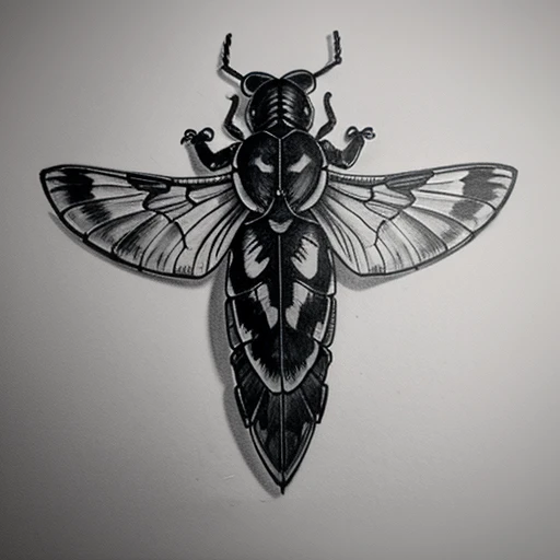 Sketch Black and white Cicada tattoo, wings wide open