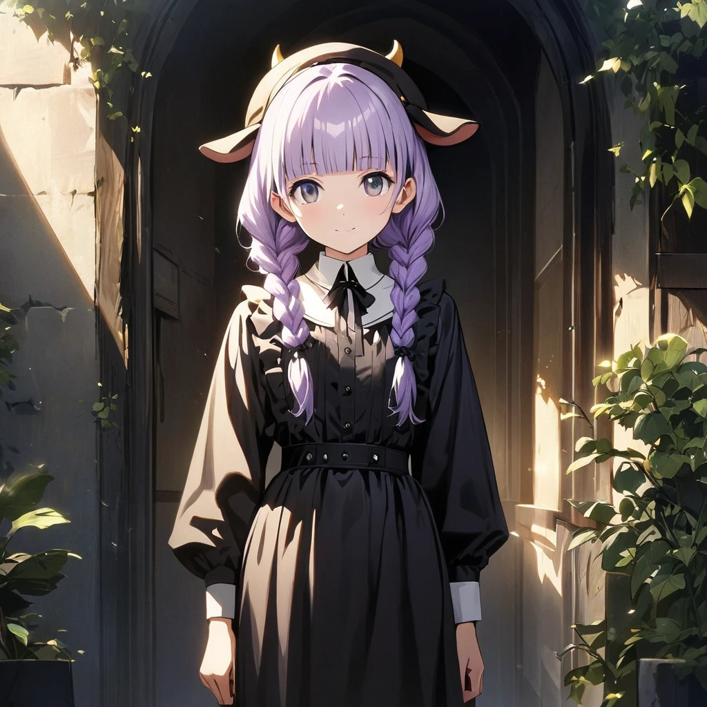 (Cute a girl:1.5), (masterpiece:1.3), anime visual, (Lovey-dovey:1.5), (tilt head:1.3), extremely delicate face, realistic lighting and shading, (an extremely delicate and beautiful art:1.3),15 years old,smiling,(pale purple wavy and blunt bangs braids hair,green and black eyes,portrait:1.5)from front,fullbody shot,full body shot,White brim, black gothic maid outfit, black knee-high socks, leather shoes, outdoors,morning lit,cowboy shot,cow boy shot,