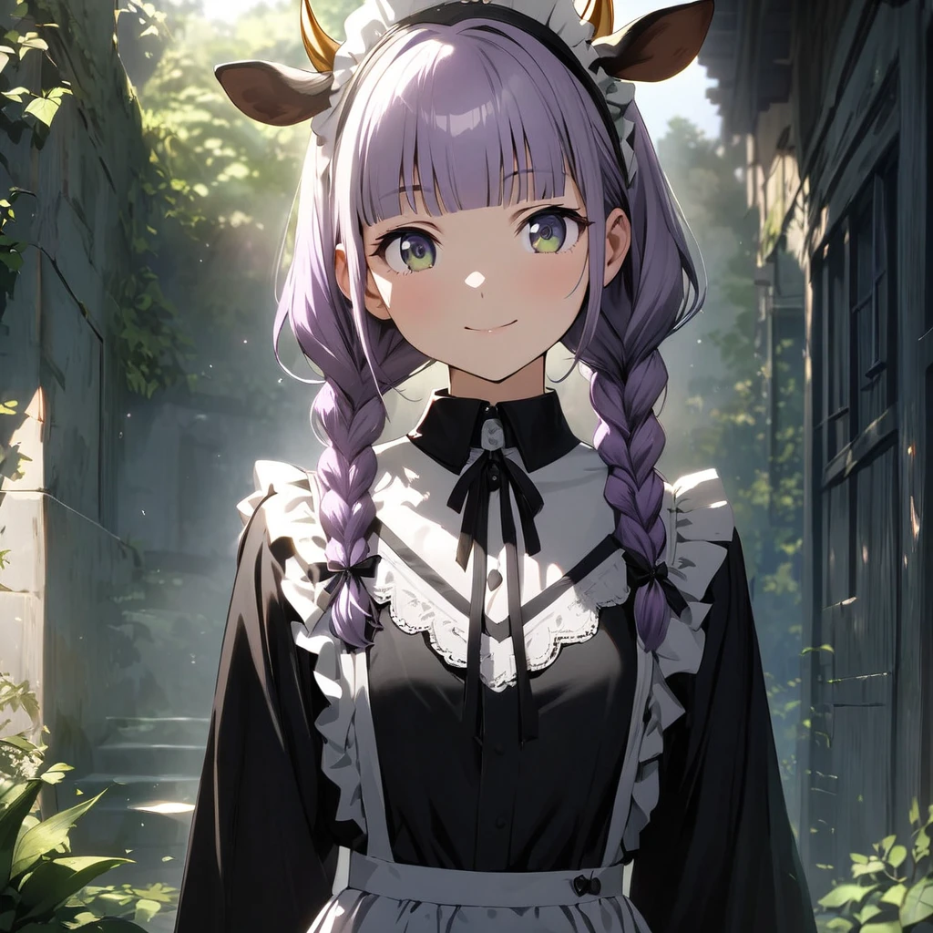(Cute a girl:1.5), (masterpiece:1.3), anime visual, (Lovey-dovey:1.5), (tilt head:1.3), extremely delicate face, realistic lighting and shading, (an extremely delicate and beautiful art:1.3),,smiling,(pale purple wavy and blunt bangs braids hair,green and black eyes,portrait:1.5)from front,fullbody shot,full body shot,White brim, black gothic maid outfit, black knee-high socks, leather shoes, outdoors,morning lit,cowboy shot,cow boy shot,